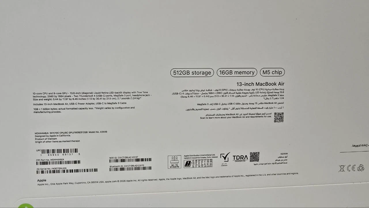Apple Macbook Air MDHH4AB/A - A3449, M5 Chip (10 Core), GPU (8 Core), RAM 16GB, SSD 512GB, 13.0 (2560 x 1664), Sky Blue - Image 5