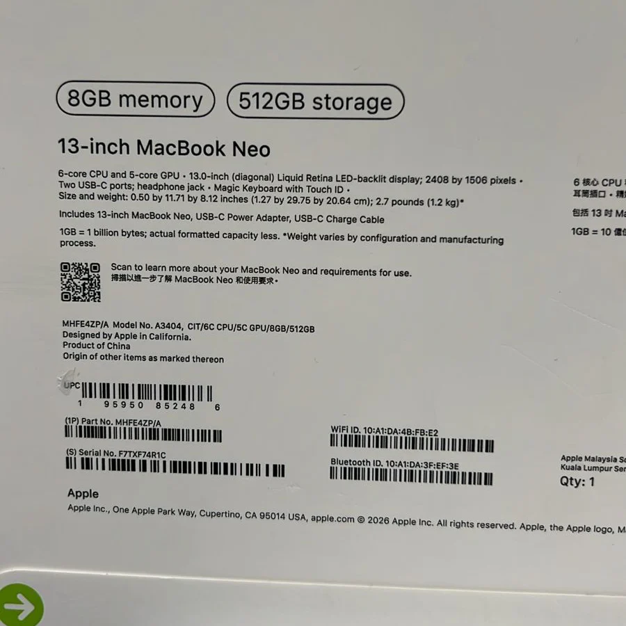 Apple MacBook Neo MHFE4ZP/A - A3404, Apple A18 Pro (6 Cores), GPU (5 Cores), RAM 8GB, SSD 512GB, 13.0 Inch (2408 x 1506) IPS, Citrus - Image 7