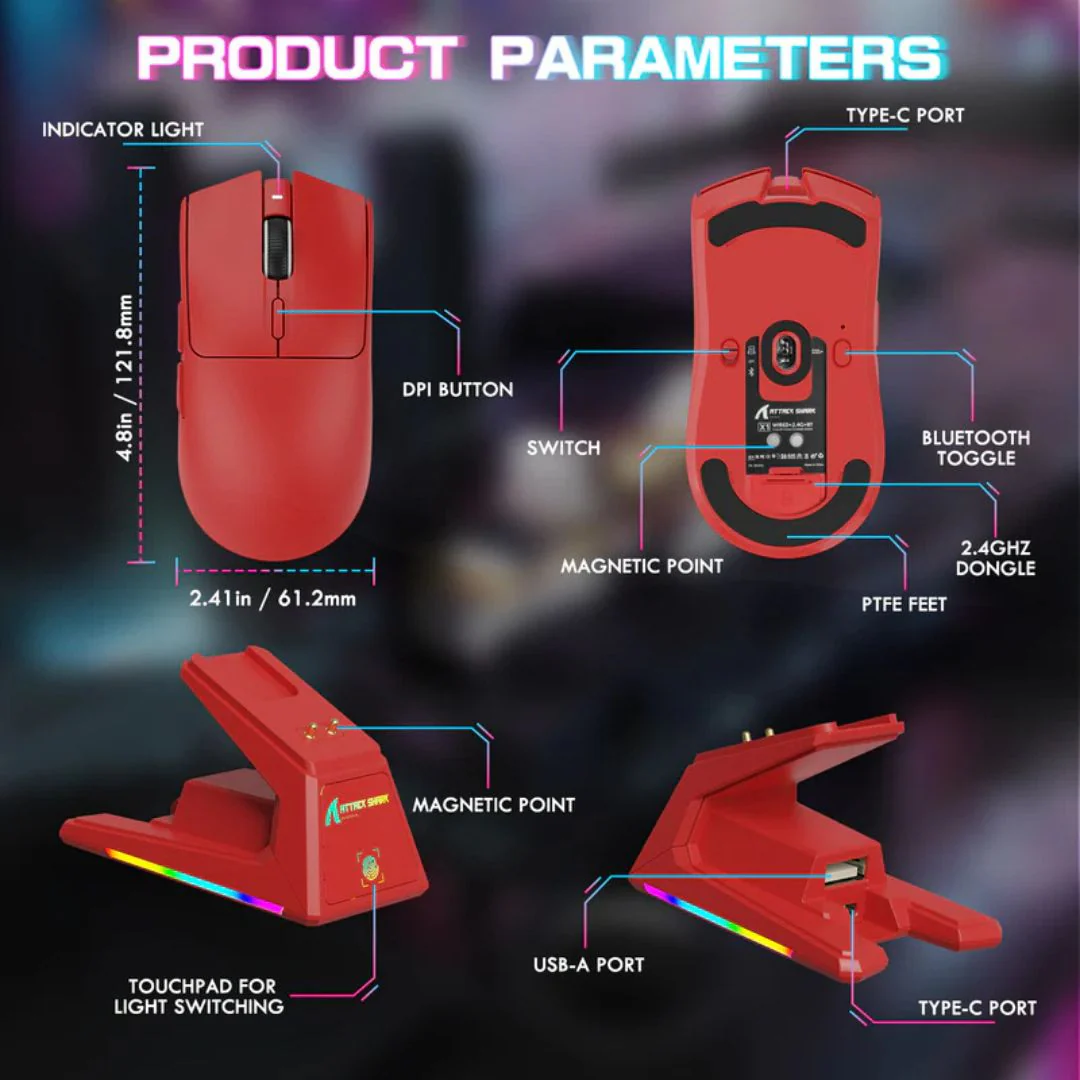 ATTACK SHARK X1 Tri-mode Gaming Mouse - Red - Image 5