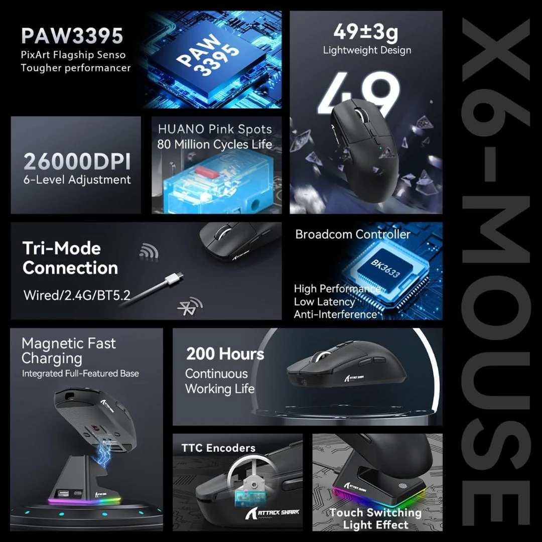 ATTACK SHARK X6  Wireless Gaming Mouse - Black - Image 3