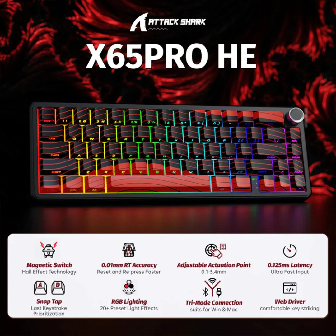 ATTACK SHARK X65 PRO Magnetic Keyboard - Red Contours - Image 4