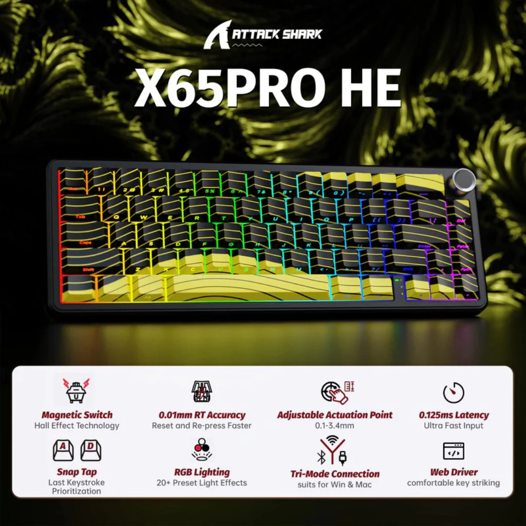 ATTACK SHARK X65 PRO Magnetic Keyboard - Yellow Contours - Image 4