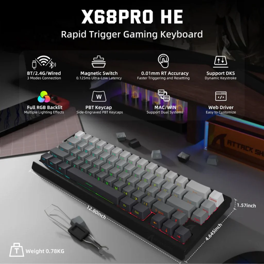 ATTACK SHARK X68 Pro Magnetic Wireless Keyboard - Black Contours - Image 2
