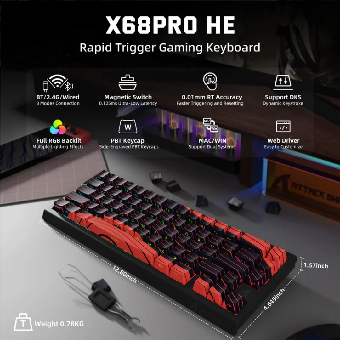 ATTACK SHARK X68 Pro Magnetic Wireless Keyboard - Red and Black - Image 2