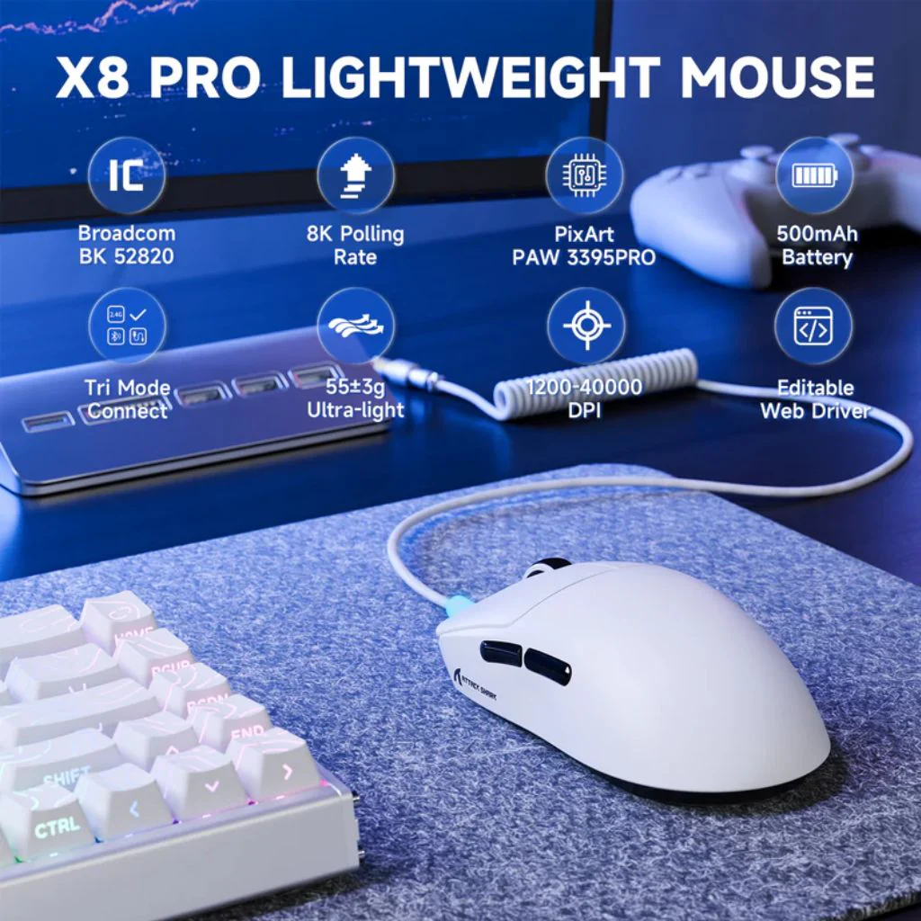ATTACK SHARK X8 Pro Tri-mode Wireless Gaming Mouse - White - Image 2