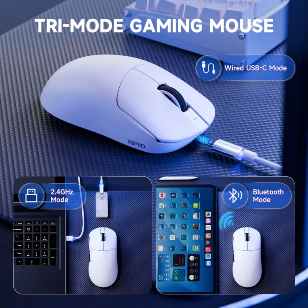 ATTACK SHARK X8 Pro Tri-mode Wireless Gaming Mouse - White - Image 3