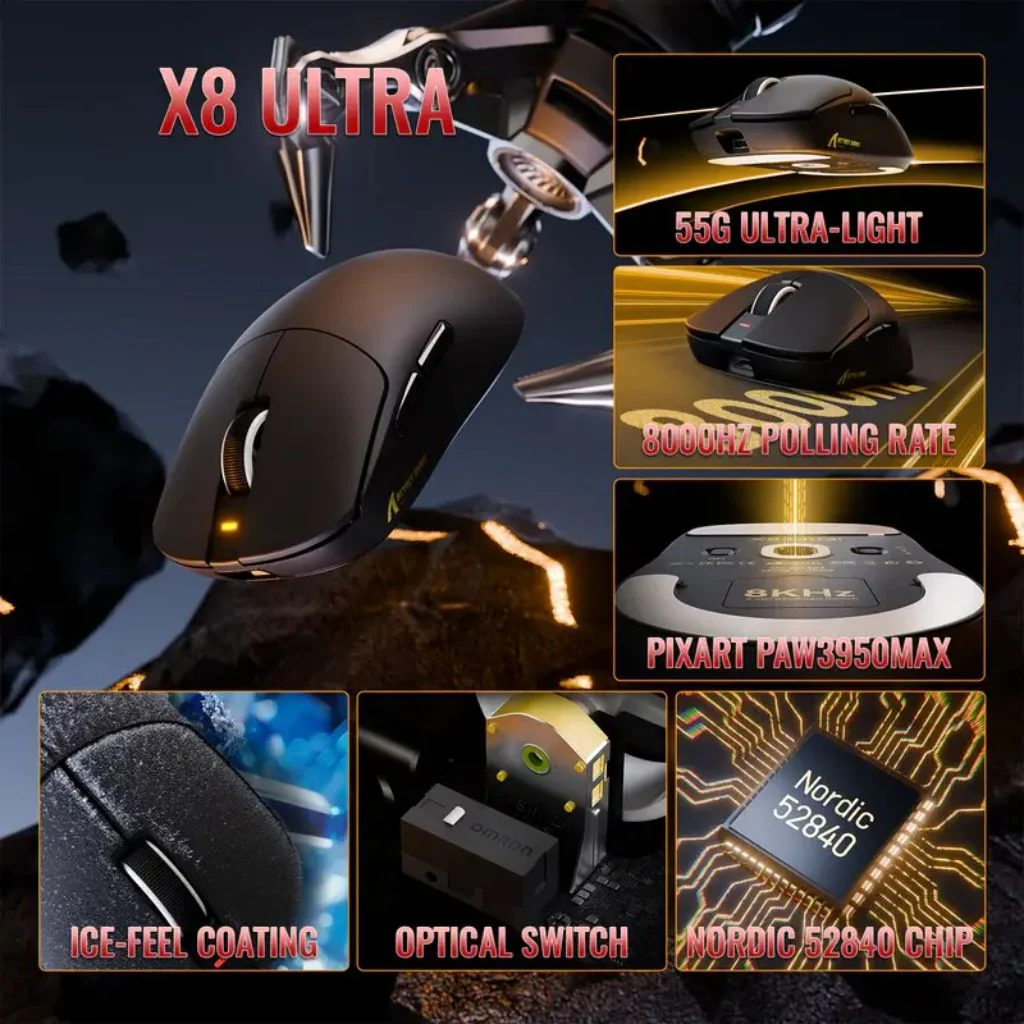 ATTACK SHARK X8 Ultra Tri-mode Wireless Gaming Mouse - Black - Image 4