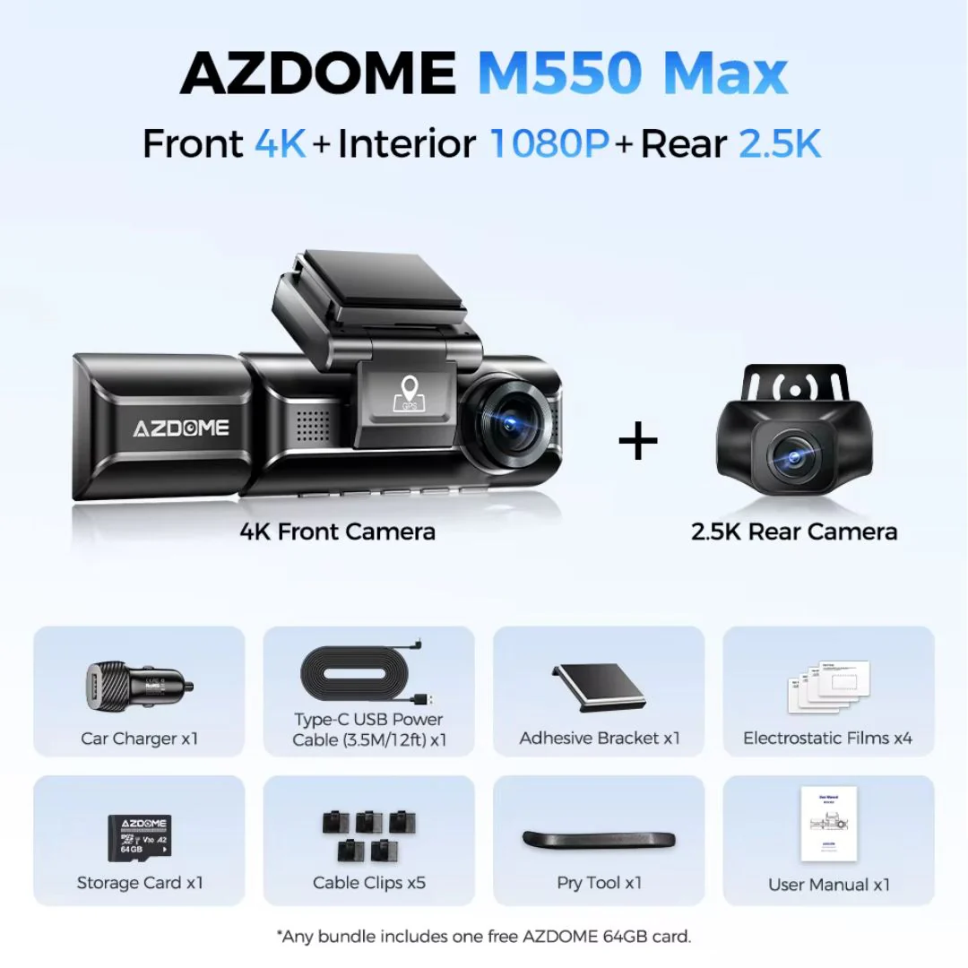 AZDOME M550 Max 4K 3 Channel Dash Cam - Black - Image 4