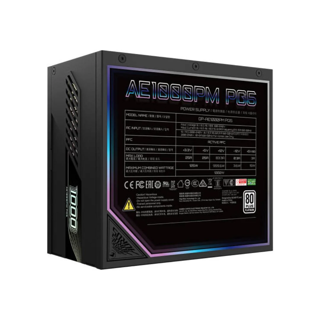 Gigabyte AORUS ELITE GP-AE1000PM, Full Modular, 1000W 80+ Platinum, PCIe 5.1 - Black - Image 3