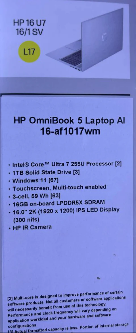 HP OmniBook 5 16-AF1017WM, Ultra 7-255U, RAM 16GB, SSD 1TB, Intel Graphics, 16 Inch WUXGA IPS Touch, Silver - Image 6