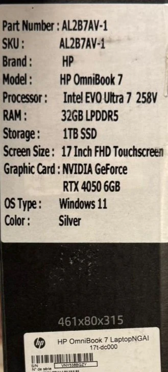 HP OmniBook 7 AI 17T-DC000 - Ultra 7-258V, RAM 32GB, SSD 1TB, RTX 4050 6GB, 17.3 Inch FHD IPS Touch, Silver - Image 7