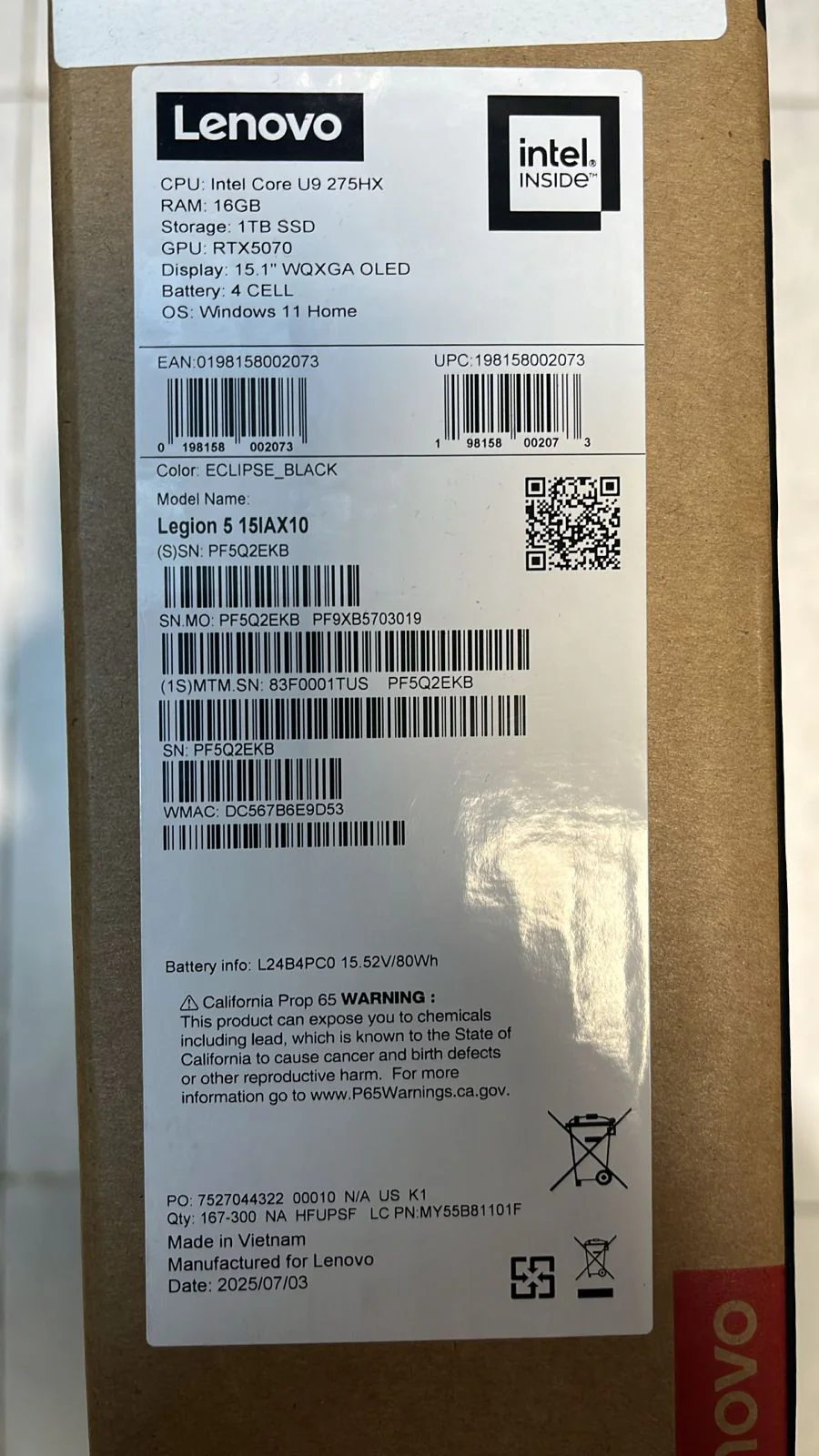 Lenovo Legion 5 15IAX10 - (1TUS) Intel Core Ultra 9-275HX, RAM 16GB, 1TB, RTX 5070 8GB, 15.1 WQXGA OLED 165Hz, Eclipse Black - Image 7