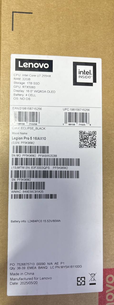 Lenovo Legion Pro 5 16IAX10 - (3QPS), Intel Core Ultra 7-255HX, RAM 32GB, SSD 1TB, NVIDIA Geforce RTX 5060 8GB, 16.0 Inch OLED WQXGA 165Hz, Eclipse Black - Image 6