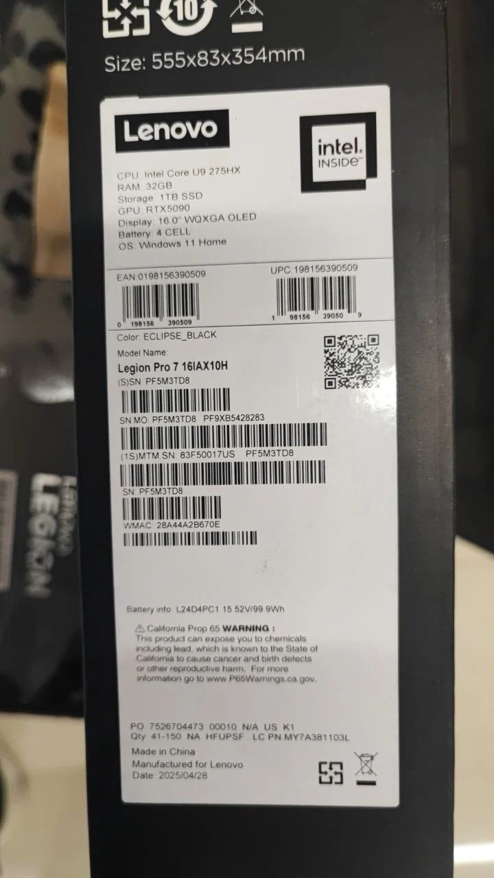 Lenovo Legion Pro 7 16IAX10H - (17US) Intel Core Ultra 9-275HX, RAM 32GB, 1TB, RTX 5090 24GB, 16.0 Inch 240Hz OLED, Black - Image 7