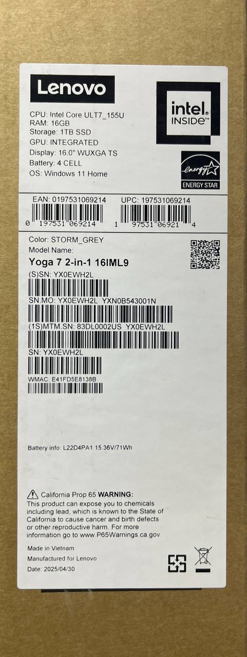 Lenovo Yoga 7 2-in-1 16IML9 - (02US), Intel® Core Ultra 7-155U, RAM 16GB, SSD 1TB, Intel® Graphics, 16 Inch " WUXGA IPS 60Hz X360 Touch, Storm Grey - Image 10