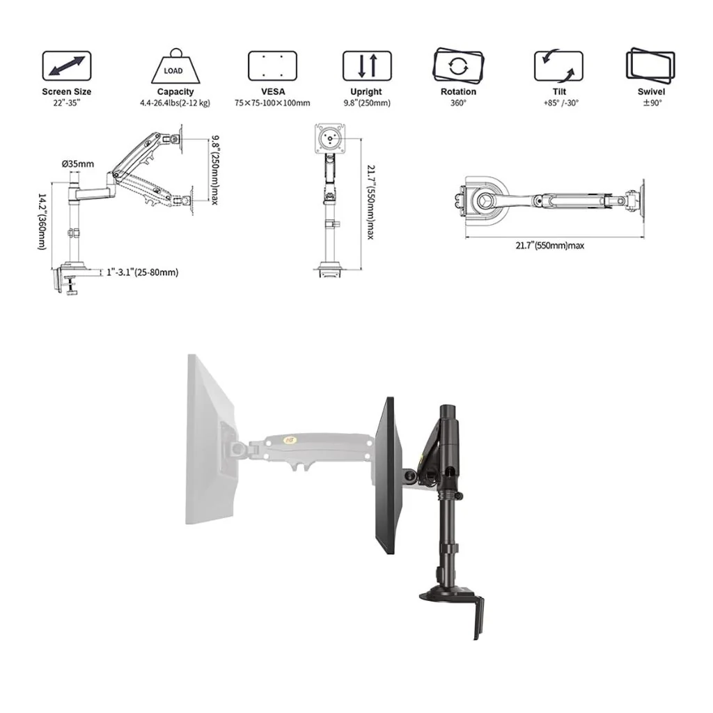 NB H100 Single Monitor Desk Mount Up to 32" - Image 3