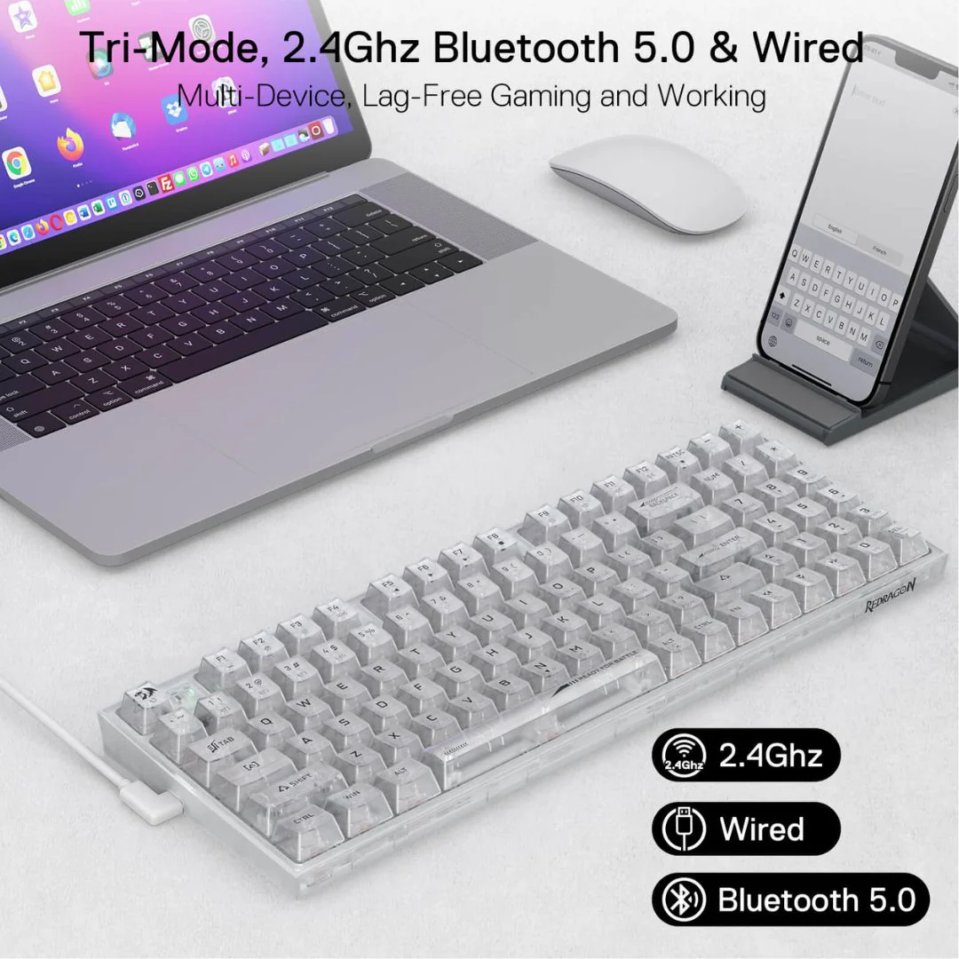 Redragon IRELIA K658CT PRO RGB 90%, USB-C wired, BT , 2.4 GHz wireless Translucent Crystal Switch - Image 5