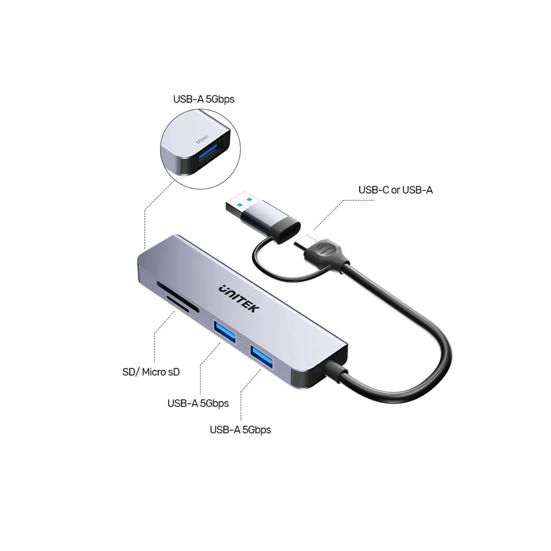 UNITEK uHUB P5+ 5-in-1 USB 5Gbps Hub with SD and Micro SD Card Reader - Image 3