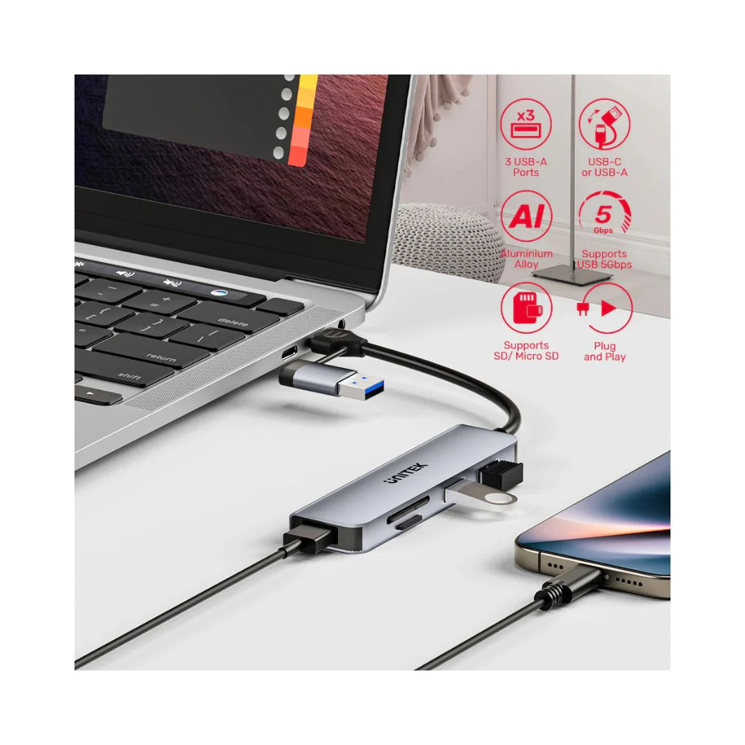 UNITEK uHUB P5+ 5-in-1 USB 5Gbps Hub with SD and Micro SD Card Reader - Image 4
