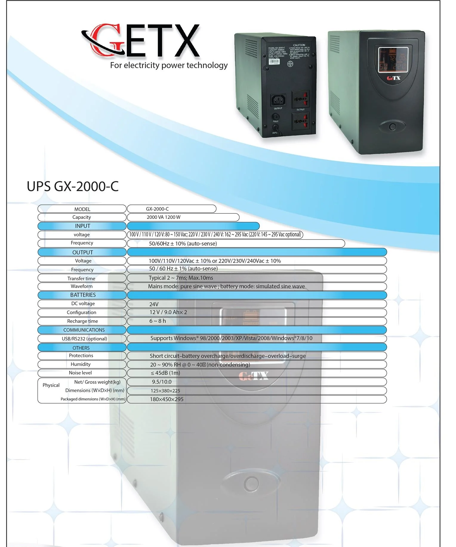 UPS GeTX GXK-2000-C (2000VA, 2KV) Line interactive , 12V9Ax2 Battery - Yellow Box - Image 7