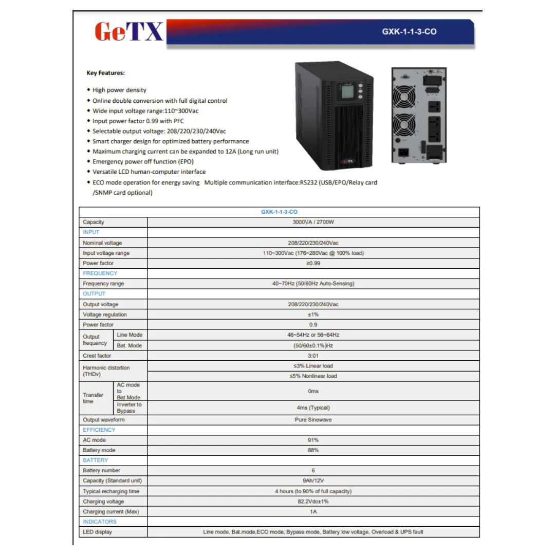 UPS GeTX Online GXK-1-1-3-CO, 3KV (3000VA) HF LCD battery 12-9 *6 - Image 4